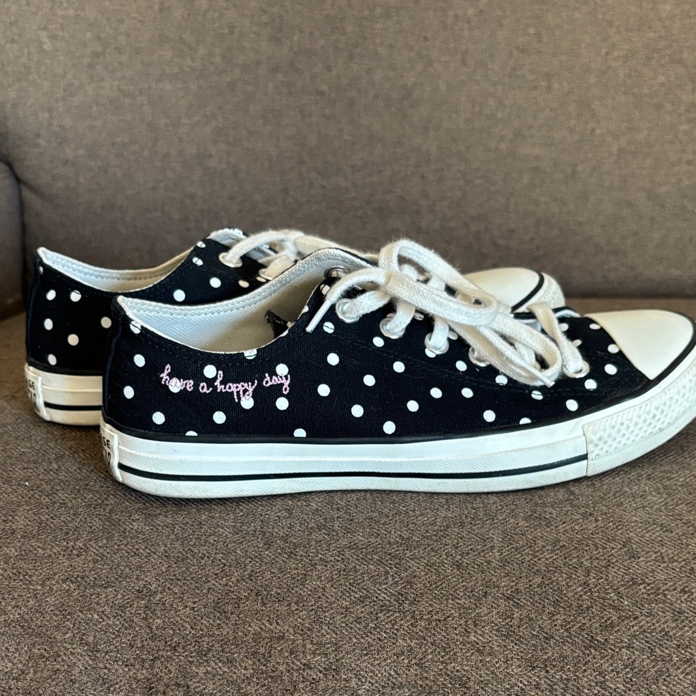 Converse “Have a Happy Day” Black and White Polka Dot Sneakers